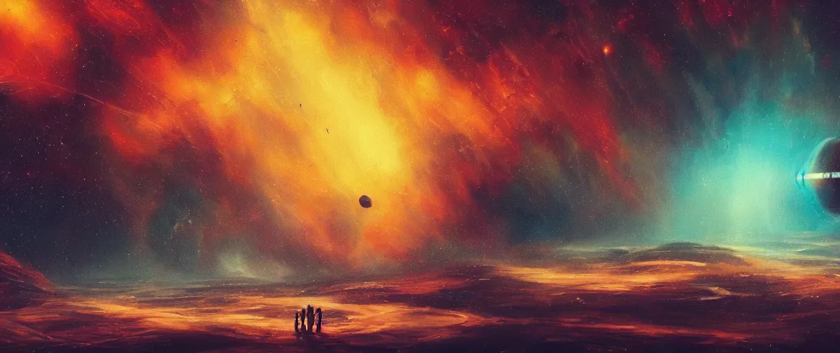Image similar to lone industrial!!! spaceship!!, deepspace exploration!!!, flying, ridley scott universe, floating!!! in a nebula, the final frontier, illustrative!!, apparent brush strokes, hyperdetailed, sketch, cinematic lighting, 4k, wide angle, beksinski,, trending on artstation, ((neon colors))