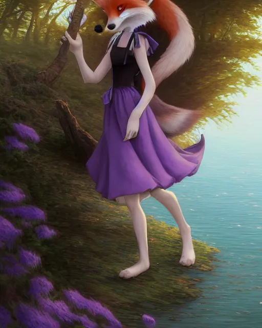 Image similar to an anthropomorphic fox girl with purple hair wearing a simple sundress, this fox has a pronounced snout and two pointed black ears, beautiful lake background, illustration by greg rutkowski, thomas kindkade, loish, artstation, furaffinity, deviantart