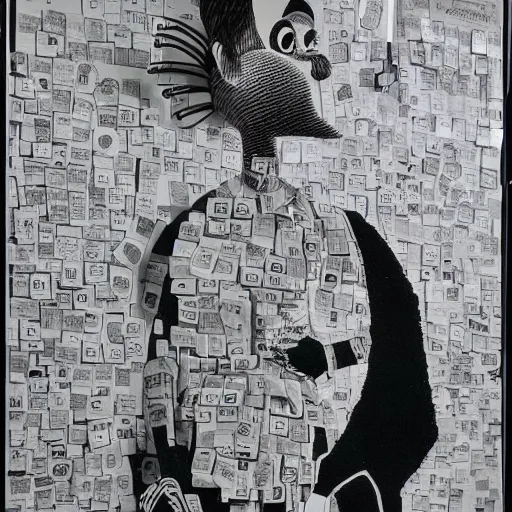 Prompt: a black and white photograph of a man made out of art supplies, in the style of gary baseman, robert crumb, photorealism, surreal, high contrast, soft lighting, film photography