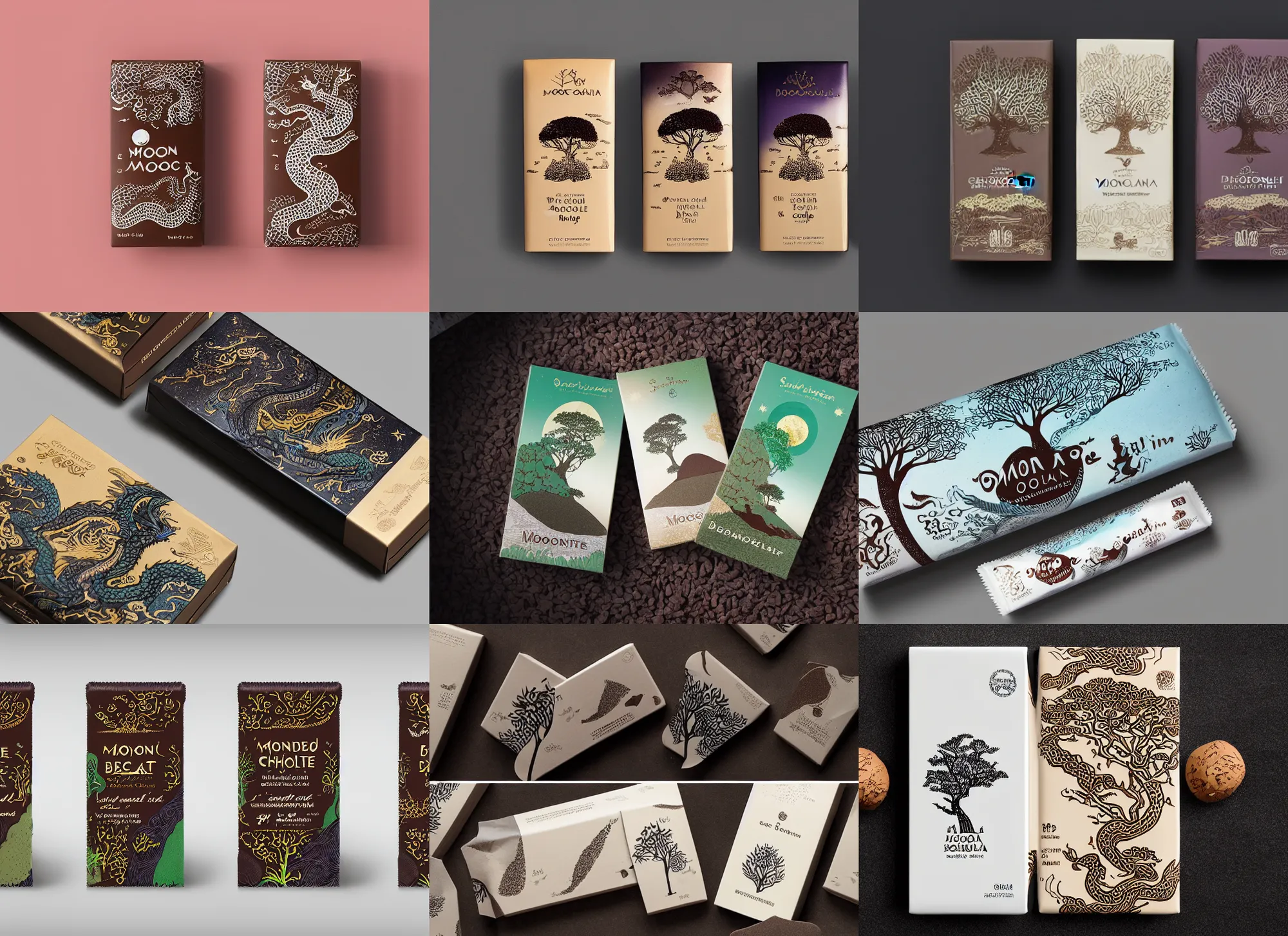 Prompt: conceptual chocolate bar packaging, inspired by moonlit socotra island with dragon trees, label design, behance, packaging of the world, award, front label, packaging design, craft