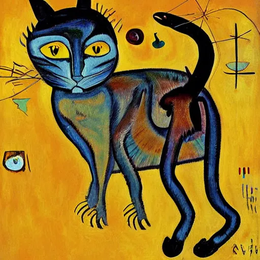 Prompt: a painting of cute caracal from futurama by graham sutherland, egon schiele, gustav klimt, joan miro, basquiat, expressionism