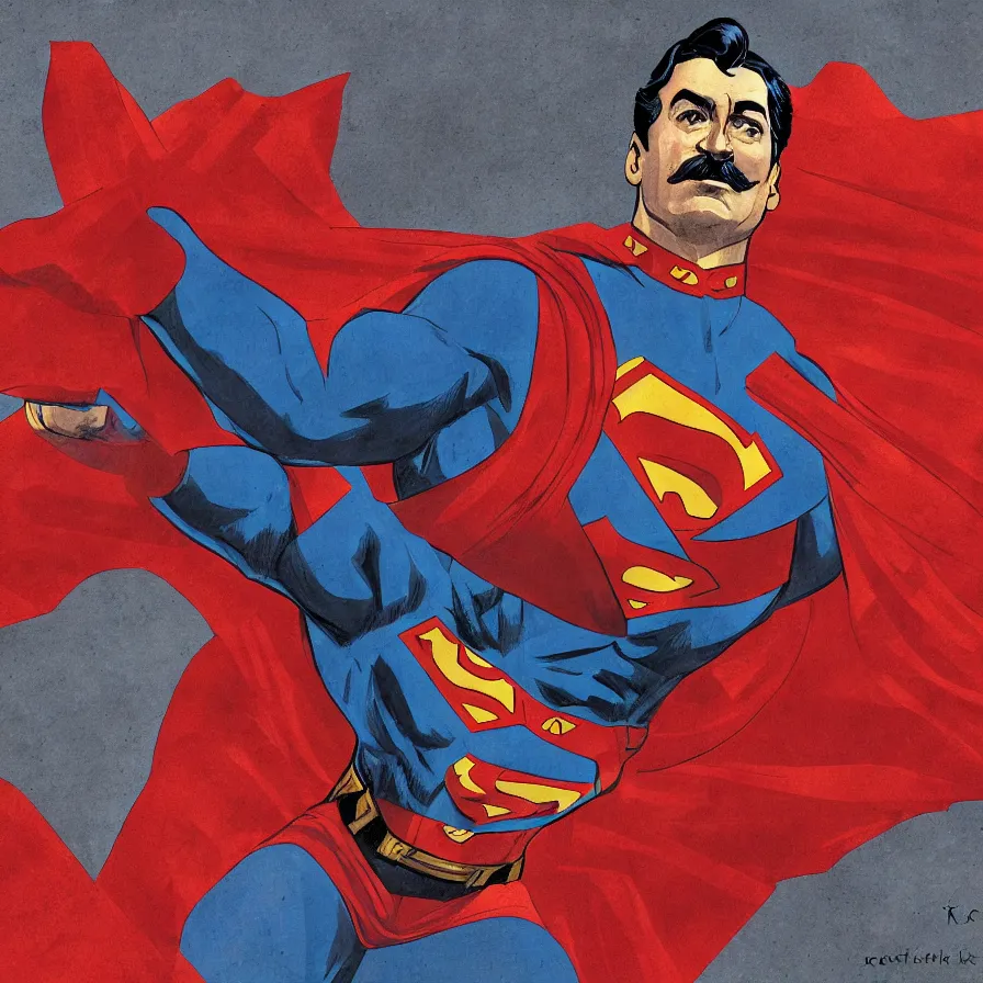 Image similar to stalin as superman, in the style of the red son, floating over the red square ( moscow ), socialist realism, soviet nostalgia, ultrarealistic, hyperdetailed, intricate digital art, trending artstation, rich moody colors, fan art, concept art, epic comic book style, by robert kirkman