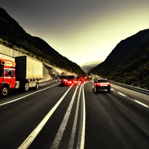 Image similar to traffic jam on a mountain highway, high resolution photograph, extreme dramatic lighting