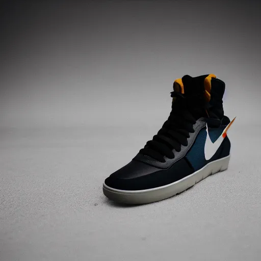 Image similar to a studio photoshoot of A Nike high top sneaker designed by Virgil Abloh, leather and suede, Off-White, realistic, color film photography by Tlyer Mitchell, 35 mm, graflex