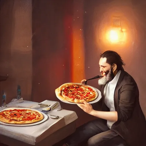 Image similar to pavarotti eating pizza, huggy wuggy from poppy playtime video game, fullbody, ultra high detailed, oil painting, greg rutkowski, charlie bowater, yuumei, yanjun cheng, unreal 5, daz, hyperrealistic, octane render, rpg portrait, dynamic lighting, fantasy art, beautiful face