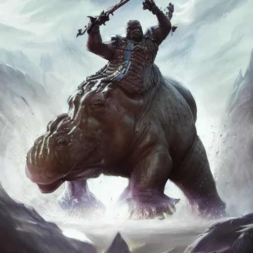 Image similar to Hippo, Anthropomorphized, as warlord general on skull throne, magic the gathering artwork, D&D, fantasy, cinematic lighting, centered, symmetrical, highly detailed, digital painting, artstation, concept art, smooth, sharp focus, illustration, volumetric lighting, epic Composition, 8k, art by Akihiko Yoshida and Greg Rutkowski and Craig Mullins, heroic pose, oil painting, cgsociety, Battlefield background, explosions, arrows