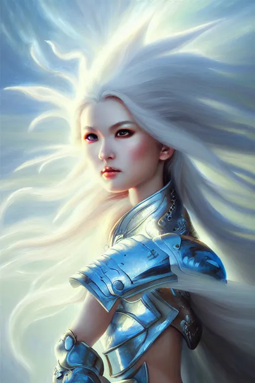 Image similar to oil painting, white, sakimi chan, detailed face, fantasy armor, flying, tony sart, wind, lightning, dramatic lighting