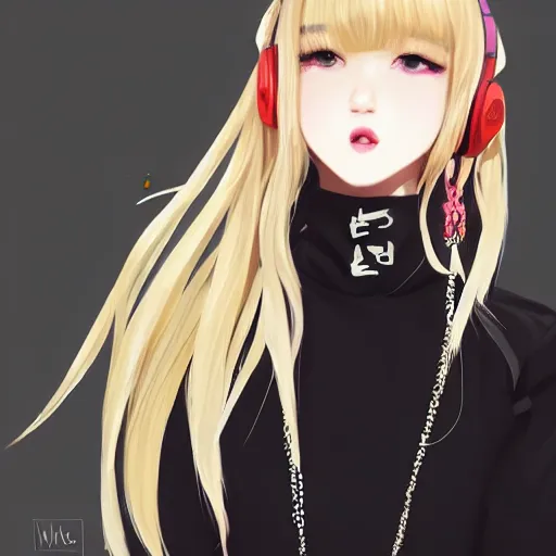 Image similar to realistic beautiful gorgeous natural cute Blackpink Lalisa Manoban blonde hair cute fur blonde cat ears wearing headphones wearing black leather choker in sweaters outfit golden eyes artwork drawn full HD 4K highest quality in artstyle by professional artists WLOP, Taejune Kim, Guweiz, ArtGerm on Artstation Pixiv