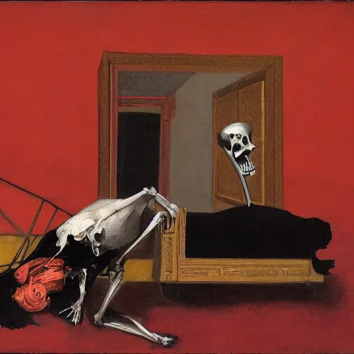 Prompt: figure crying on side of bed while another dark figure laughs with a Cow skeleton by Francisco Goya and Francis Bacon, vibrant red background, mythological painting, oil painting, triadic color scheme, very coherent, Figure laughing seated on a throne of marble, whale skeleton inside interior room, Beksinski painting, masterpiece