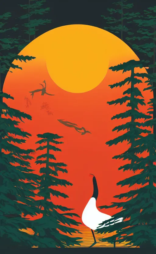 Image similar to hanafuda, a huge japanese crane bird is chilling above a lake in the middle of a forest of japanese pines, a big red sun in the background, front game card, vector line art, trending on behance, concept art, stunning, matte