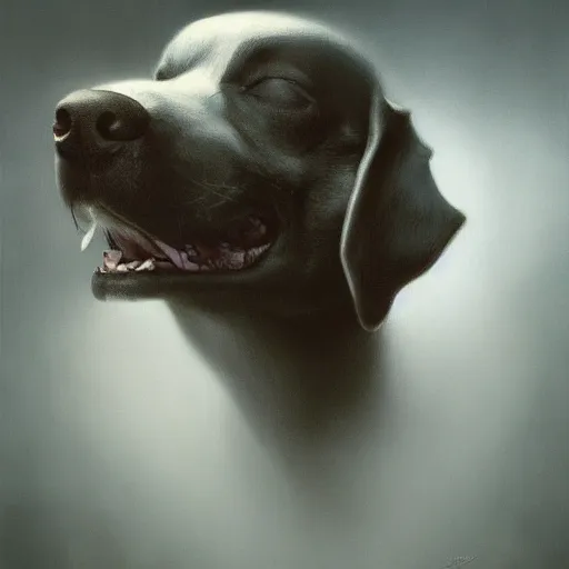Image similar to a beautiful ultradetailed painting of a deadly dog face by zdzislaw beksinski and tom bagshaw, wallpaper 4 k, trending on artstation