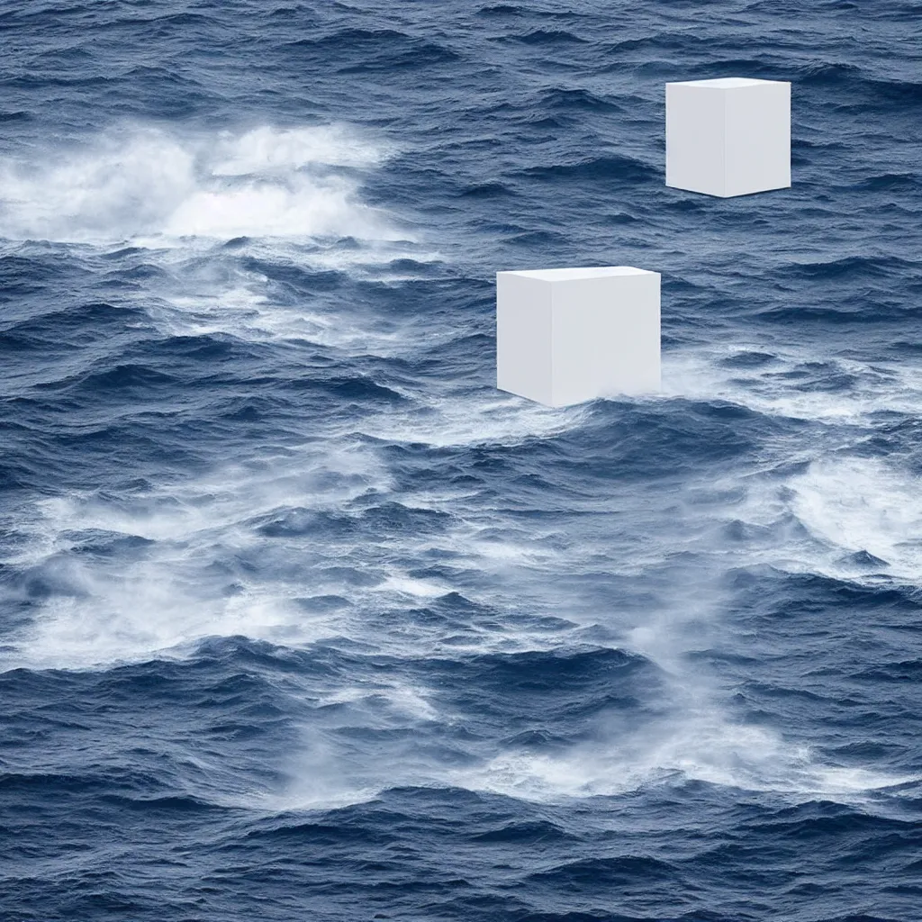 Image similar to a cube in the middle of the sea with images of a sea squall on its sides. in the style of Richard Serra