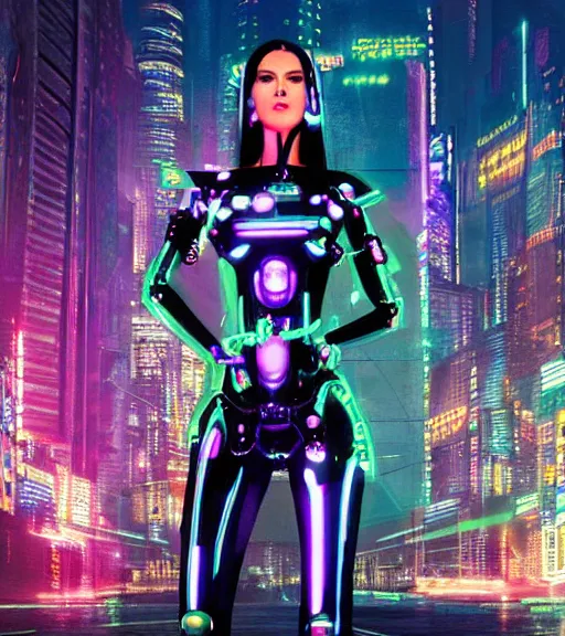 Prompt: portrait_photo_of_a_stunningly beautiful cybernetic maiden with neon light and a futuristic city at night behind her, 19th century, hyper detailed by Annie Leibovitz, Steve McCurry, David Lazar, Jimmy Nelsson, professional photography