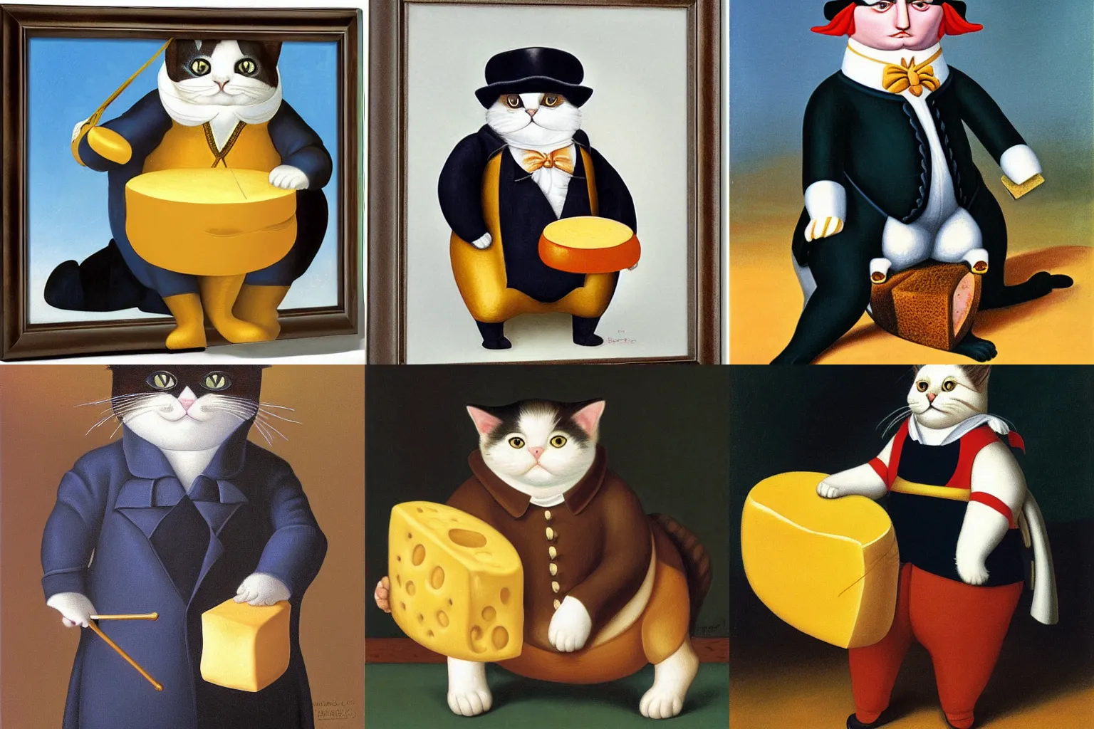 Prompt: a cat dressed as Napoleon holding cheese by Fernando Botero