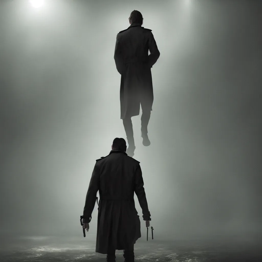 Prompt: ONE SINGLE detective in trench coat looking away from the camera, cyberpunk, futuristic, technology , cinematic lighting, depth of field, highly detailed, volumetric fog, dark, moody, gritty