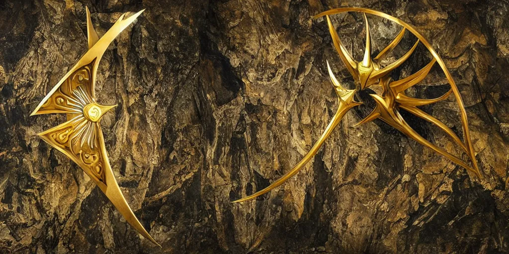 Image similar to the glaive from krull, a large golden ornate magical shuriken, flies thru a ancient forest leaving a trail of particles, the glaive is in sharp focus but the background is blurred