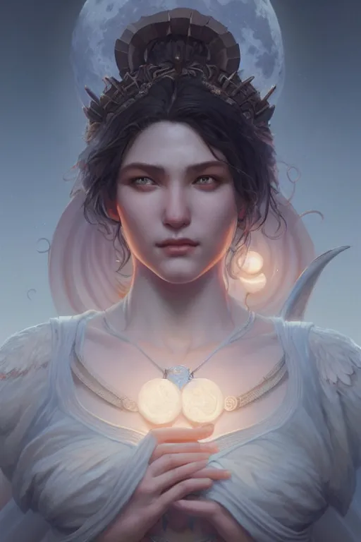 Prompt: goddess of the moon, highly detailed, digital painting, artstation, concept art, smooth, sharp focus, illustration, unreal engine 5, 8 k, art by artgerm and greg rutkowski and edgar maxence