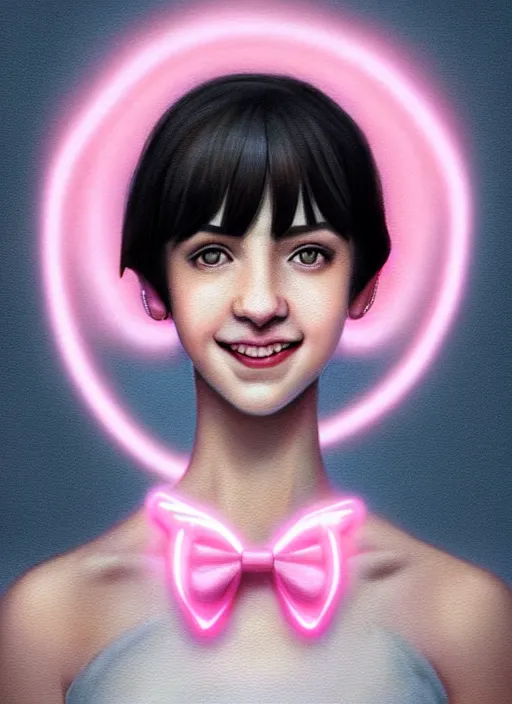 Image similar to portrait of high school girl, realistic, black hair, bangs, half updo hairstyle, pointy nose, skinny, smile, ugly, defined jawline, big chin, pink hair bow, earrings, intricate, elegant, glowing lights, highly detailed, digital painting, artstation, sharp focus, illustration, art by wlop, mars ravelo and greg rutkowski