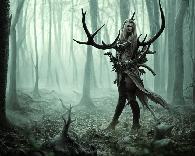 Prompt: 5 5 mm portrait photo of an armored demonic blond woman with antlers, in a magical forest. dark atmosphere. art by greg rutkowski. highly detailed 8 k. intricate. lifelike. soft light. nikon d 8 5 0.