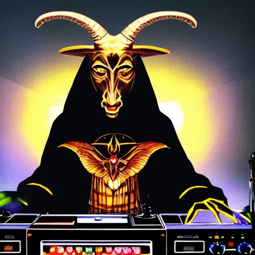 Image similar to baphomet wearing a dark hooded cloak on the dj decks