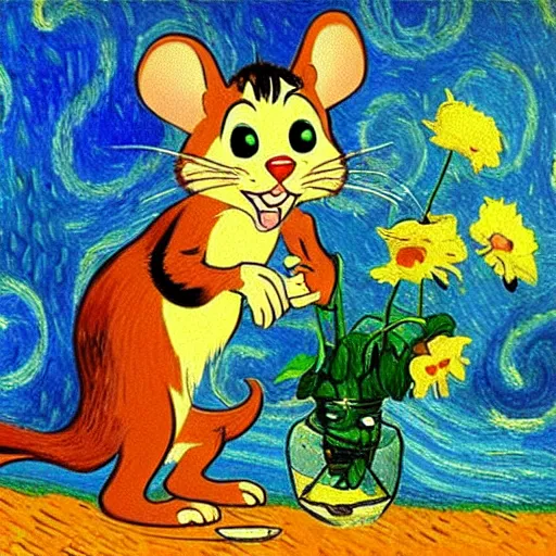 Image similar to tom and jerry in a van gogh painting, 4 k, hyper realistic, dslr, high resolution, landscape, beautiful