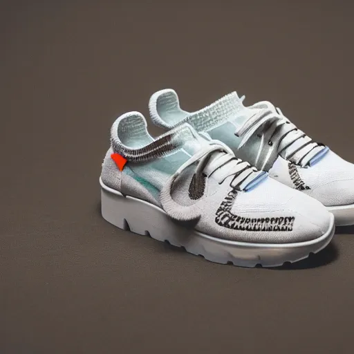 Image similar to a studio photoshoot of a heritage Nike Off-white waffle running shoe designed by Virgil Abloh, soft suede with knitted mesh material, rubber Waffle outsole, realistic, color film photography by Tlyer Mitchell, 35 mm, graflex