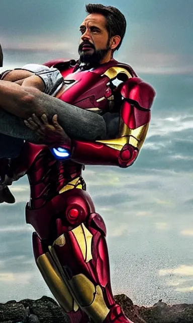 Image similar to full shot photograph of jesus christ being carried by iron man on doomsday, photorealistic, cinematic lighting, extremely detailed, marvel cinematic universe