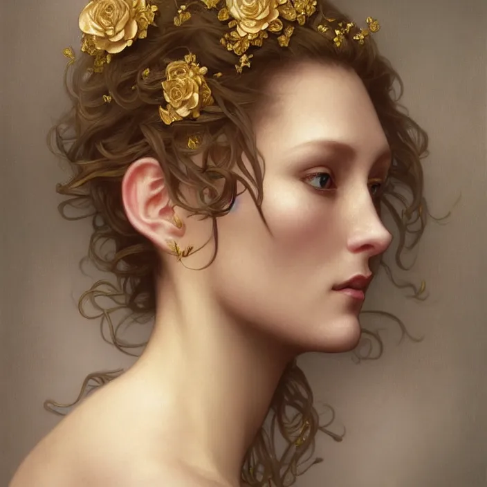 Prompt: realistic portrait of crudelia de mon with thin gold roses, intricate, elegant, highly detailed, wonderful eyes, sweet, digital painting, artstation, concept art, smooth, sharp focus, illustration, art by artgerm and greg rutkowski and alphonse mucha and william - adolphe bouguereau