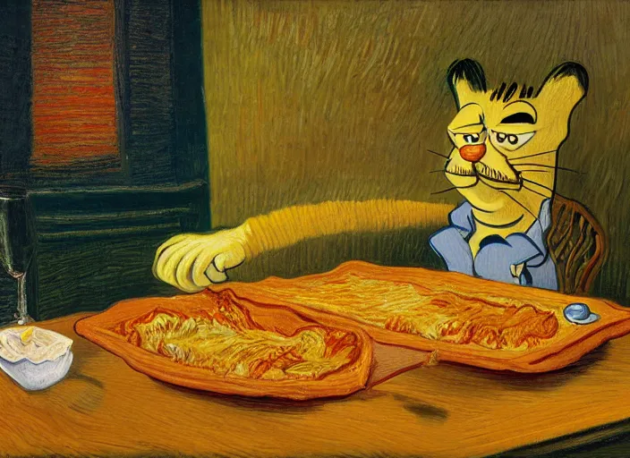 Image similar to detailed realistic realism painting of garfield eating lasagna at dusk, in the style of vincent van gogh and salvador dali and leonardo da vinci