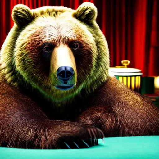 Image similar to film still of a bear in las vegas casino movie 4k