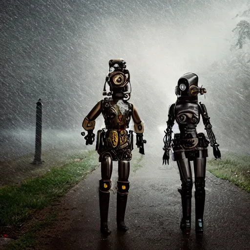 Prompt: steampunk robot warriors battling each other in heavy rain, ground fog, @, moody lighting, 8 k, lightning, shallow depth of field, cinematic lighting,