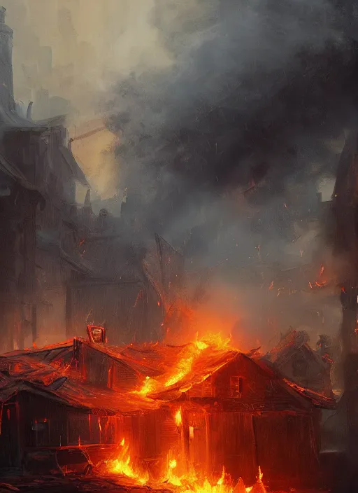 Image similar to cinematic shot, concept art of a fire tornado in a village, oil painting by jama jurabaev, extremely detailed, brush hard, artstation, for aaa game, high quality, brush stroke