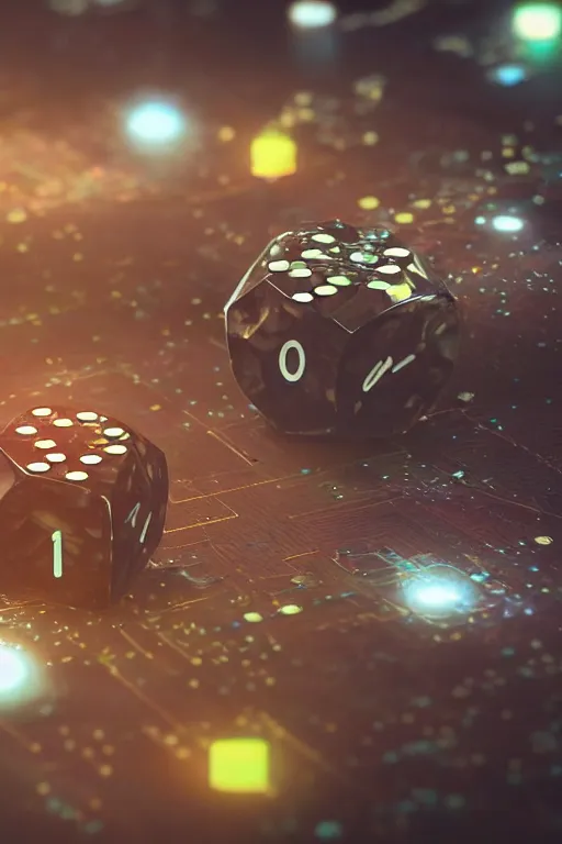 Image similar to closeup, of one futuristic sci-fi Twenty sided dice, in the background players at a table that are in still high tech suites, bokeh, sharp focus, intricate concept art, highly detailed, 8k, cinematic, sharp focus