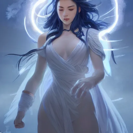 Prompt: japanese lightning goddess, d & d, blue and white color palette, highly detailed, digital painting, artstation, concept art, sharp focus, illustration, cinematic lighting, art by artgerm and greg rutkowski and alphonse mucha