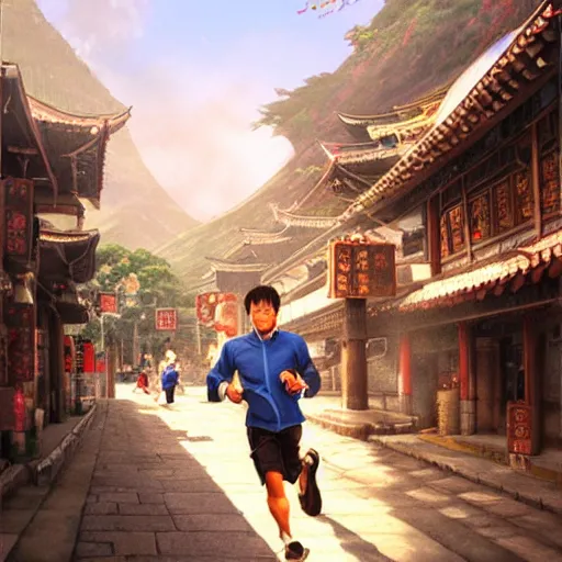 Prompt: portrait of a man running in jiufen taiwan, an oil painting by ross tran and thomas kincade, studio ghibli