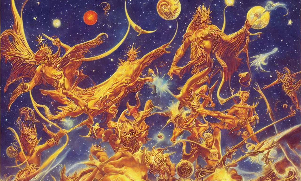 Prompt: sun king and moon boys in the cosmic court of mystical astronomy, art by boris vallejo and manuel sanjulian