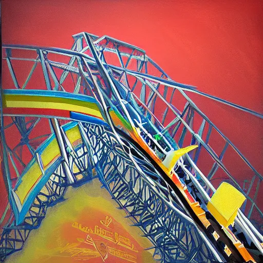 Image similar to painting of top thrill dragster at cedar point, illustration, artistic, colorful, hyper detailed, in the style of Greg Rutkowski