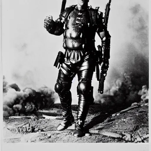 Image similar to old black and white photo, 1 9 1 3, depicting bruce willis in combat armor with guns, historical record, tentacles around