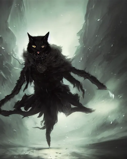 Image similar to Cat Archmage summoning shadows and fog, dark fur, glowing eyes, magic the gathering artwork, D&D, fantasy, cinematic lighting, centered, symmetrical, highly detailed, digital painting, artstation, concept art, smooth, sharp focus, illustration, volumetric lighting, epic Composition, 8k, art by Akihiko Yoshida and Greg Rutkowski and Craig Mullins, oil painting, cgsociety