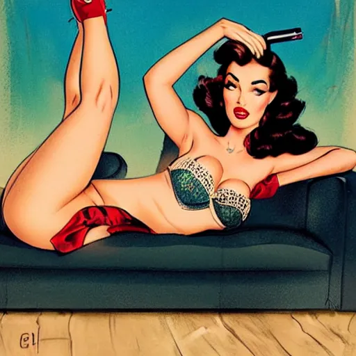 Image similar to a pinup illustration of megan fox in the style of gil elvgren and in the style of anna dittmann.