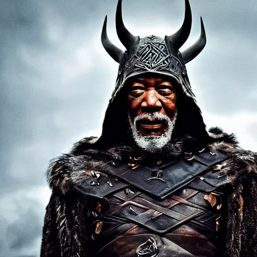 Image similar to profile photo of morgan freeman in a dark viking hood playing odin all father from the thor movie, highly detailed, cinematic shot, cinematic lighting, 8 k, exquisit facial detail