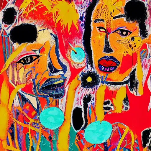 Image similar to acrylic painting of two bizarre psychedelic women kissing in japan in autumn, speculative evolution, mixed media collage by basquiat and jackson pollock, maximalist magazine collage art, sapphic art, psychedelic illustration