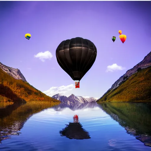 Image similar to photo of two black swans touching heads in a beautiful reflective mountain lake, a colorful hot air balloon is flying above the swans, hot air balloon, intricate, 8k highly professionally detailed, HDR, CGsociety