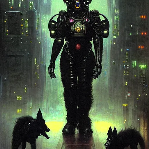 Image similar to portrait black german shepard dogman humanoid!!! bipedal!!! canine neuromancer. spaceship futuristic city. shadowrun cyberpunk fantasy d & d painting by gaston bussiere craig mullins jc leyendecker gustav klimt artgerm greg rutkowski john berkey, bergey, craig mullins, ruan jia, raymond swanland, tom lovell