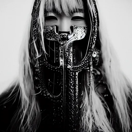 Image similar to blurred fashion photo of an asian girl with long white hair and black eyes wearing elden ring armor with abstract black and white patterns in the background, noisy film grain effect, closeup portrait shot, weird camera angle