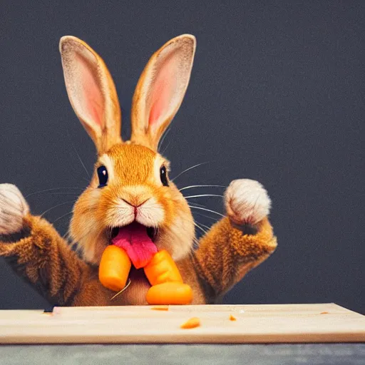 Image similar to a photo of an adorable rabbit screaming in rage at a carrot that looks mildly offended
