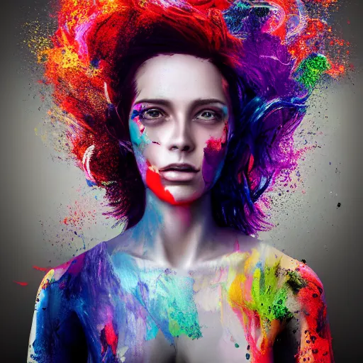 Prompt: women portrait made out of exploding paint, epic hair, octane render, highly detailed, realistic, comic book art