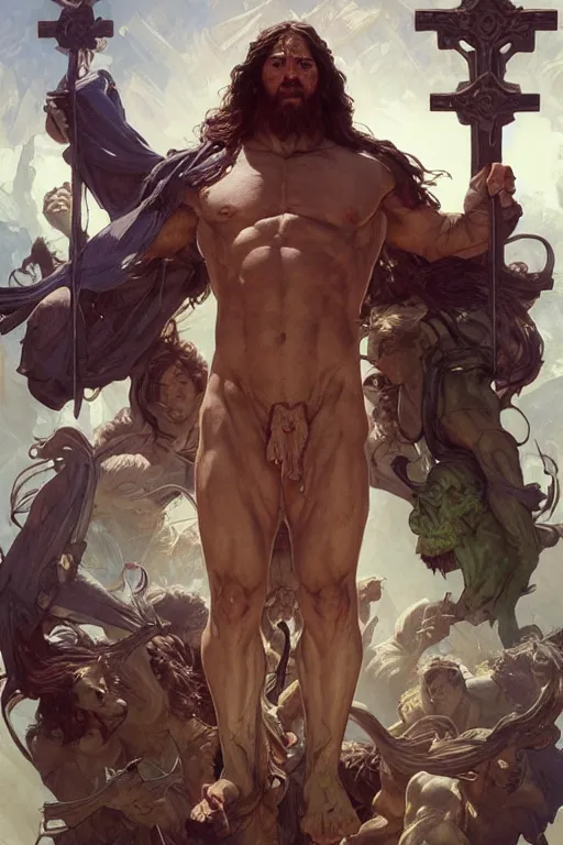 Image similar to hulking herculean ogre jesus christ, on the cross, masterpiece, intricate, elegant, highly detailed, digital painting, artstation, concept art, smooth, sharp focus, illustration, art by artgerm and greg rutkowski and alphonse mucha and uang guangjian and gil elvgren and sachin teng, symmetry!!