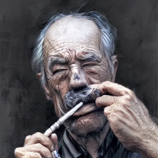 Prompt: a sad old man with his pipe in his mouth, high quality, high resolution,detailed, by wlop