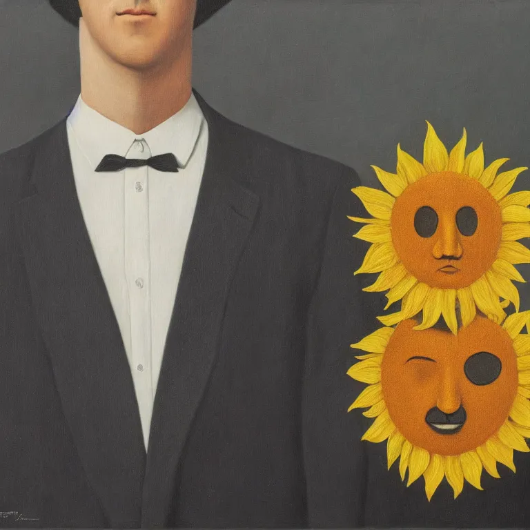 Prompt: portrait of a faceless sunflower - head man in a suit by rene magritte, detailed painting, distance, centered, hd, hq, high resolution, high detail, 4 k, 8 k